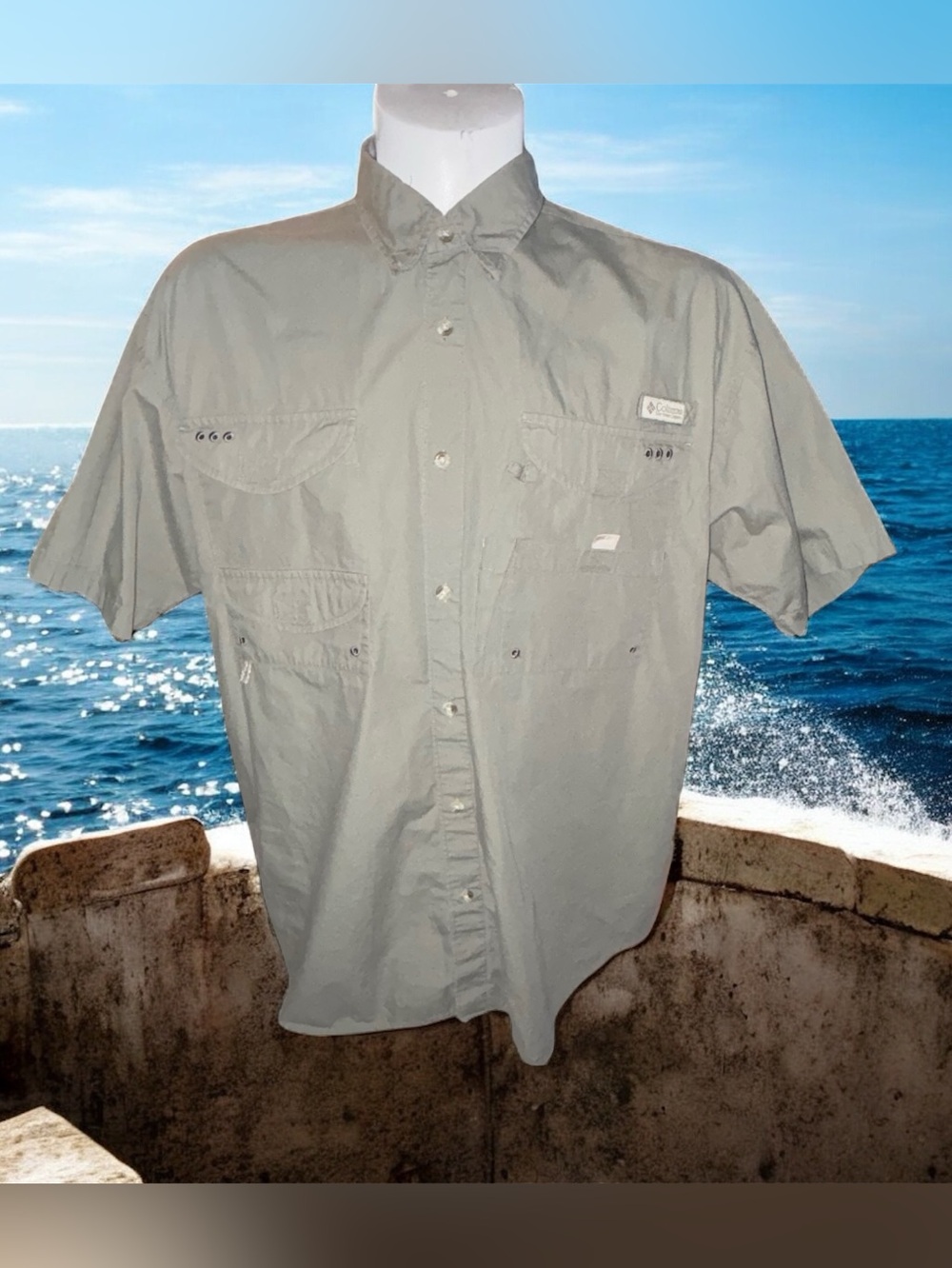 Columbia PFG Performance Fishing Gear Short-Sleeve Button-Down Olive Shirt Men L